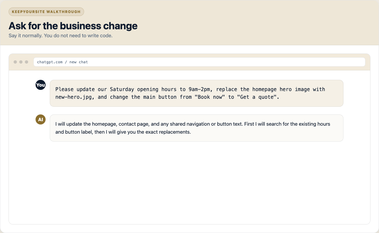 ChatGPT conversation asking to update opening hours, replace a hero image, and change a button label.