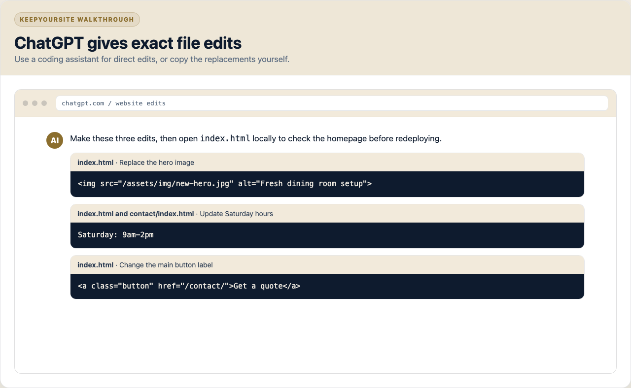 ChatGPT response listing exact website files to change and the replacement HTML text.